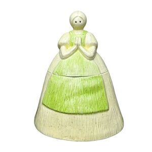 Vintage Ceramic Cookie Jar Woman Praying Hands Mint Green Apron 9" Tall